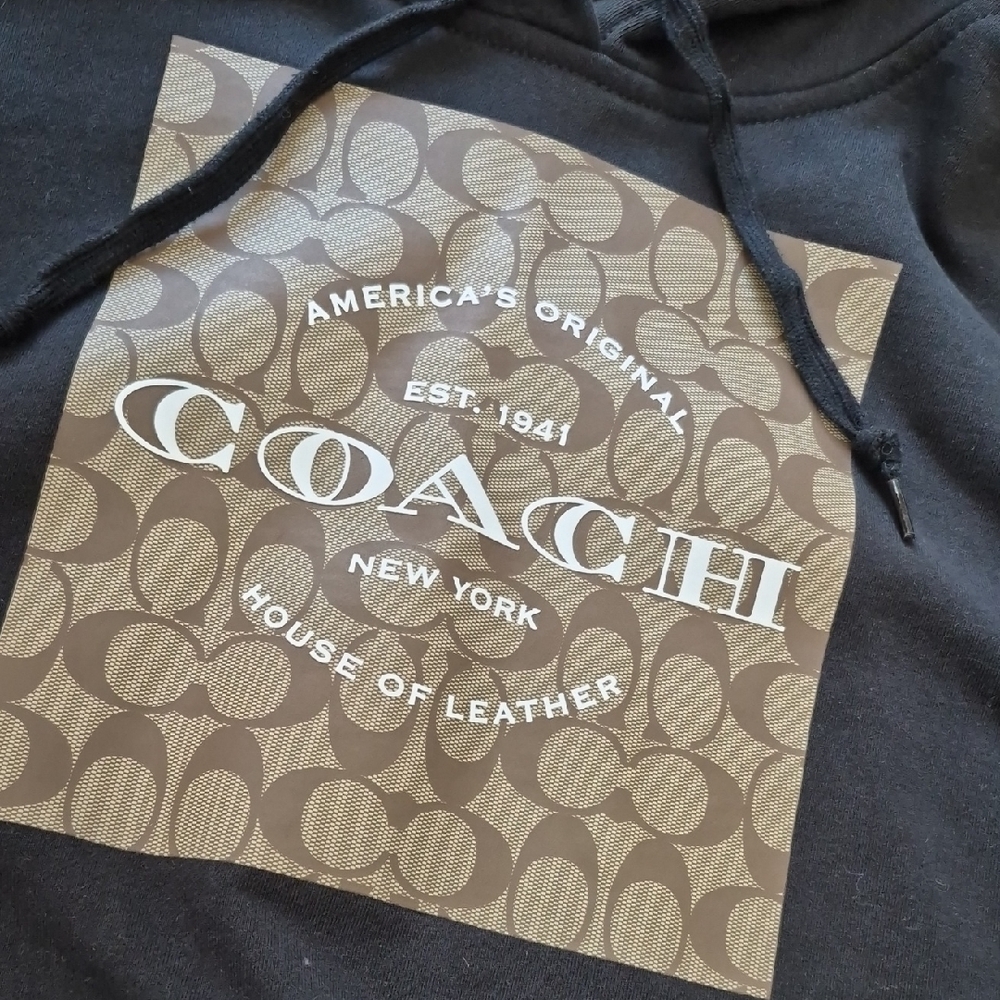 Coach Black Signature Square Hoodie with Brown Logo Panel 100% Cotton C8784 - Picture 3 of 8